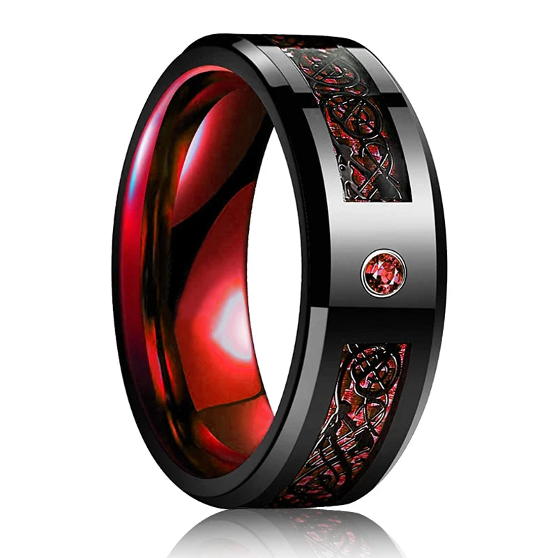 Fashion 8mm Red Groove Beveled Edge Stainless Steel Celtic Dragon Rings.  Perfect for FATHERS DAY with Zircon Inlay, Carbon Fibre Ring for Mens Wedding Band, Couples Gift