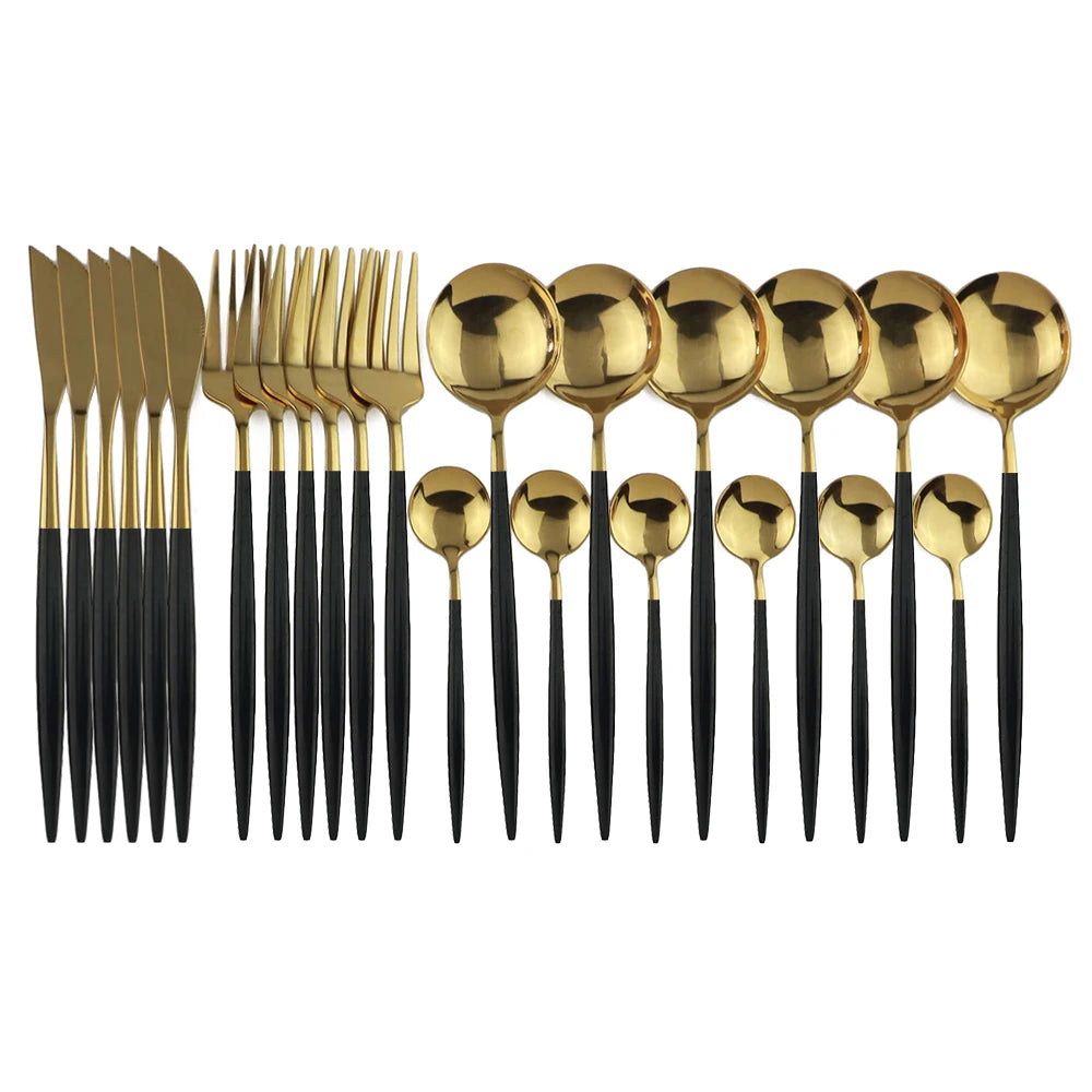 24pcs Gold Dinnerware, Stainless Steel Tableware,  Set with Knife, Fork,  Spoon, Flatware Set, Dishwasher Safe, Silverware Cutlery Set