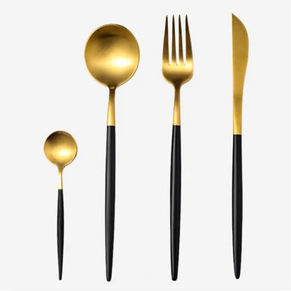 Gilt Rim Black Porcelain Dinner Plates,  Kitchen Dishes,  Ceramics,  Tableware Food Tray,  Rice, Salad, Noodles Bowl , Cutlery Set