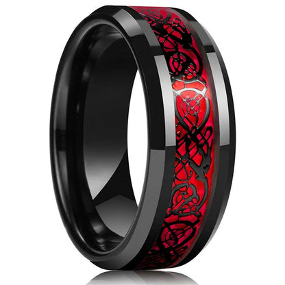 Fashion 8mm Red Groove Beveled Edge Stainless Steel Celtic Dragon Rings.  Perfect for FATHERS DAY with Zircon Inlay, Carbon Fibre Ring for Mens Wedding Band, Couples Gift