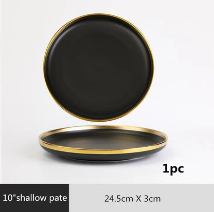 Gilt Rim Black Porcelain Dinner Plates,  Kitchen Dishes,  Ceramics,  Tableware Food Tray,  Rice, Salad, Noodles Bowl , Cutlery Set