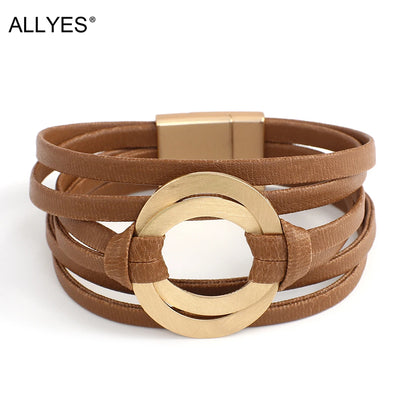 Genuine Leather Bracelets for Women/ Men Fashion.   Round Hollow Circles Charm Wrap Bracelet Bangle Female Jewelry Gifts.  BROWN is gone.  The other 3 colors are good to go.  BLACK//GREEN//GRAY, OK!!!  7.8 inches on this bra