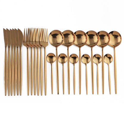 24pcs Gold Dinnerware, Stainless Steel Tableware,  Set with Knife, Fork,  Spoon, Flatware Set, Dishwasher Safe, Silverware Cutlery Set
