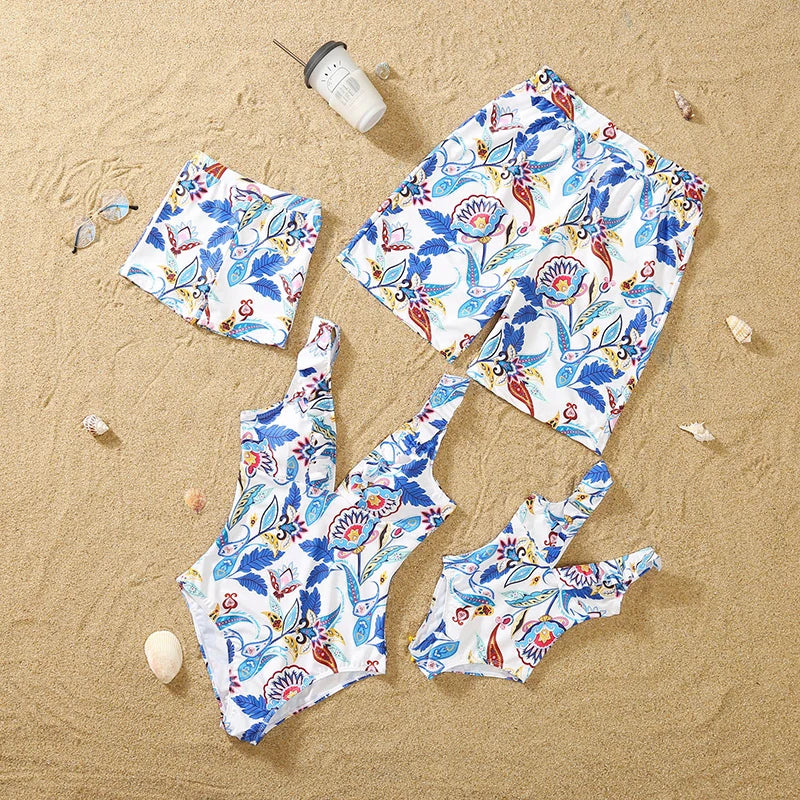 Family Matching Swimsuits/ Floral Printed Mom And Me Swimwear.  Women,  Girls Bathing Suits and Men,  Boys  Trunks Couples Holiday Beachwear