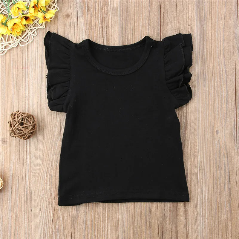 1-6 Years old,  Infant Girls T-Shirt,  Cotton Flying Sleeves T-Shirt For Girls,  Summer, Solid , Black White Pink Red Tee Tops