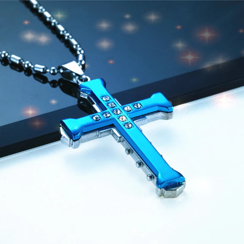 NEW Crystal Cross Pendant,  Gold/Black/Blue Color Zirconia Necklace,  Stainless Steel Jewelry