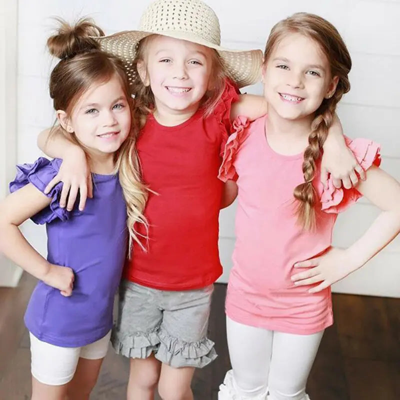 1-6 Years old,  Infant Girls T-Shirt,  Cotton Flying Sleeves T-Shirt For Girls,  Summer, Solid , Black White Pink Red Tee Tops