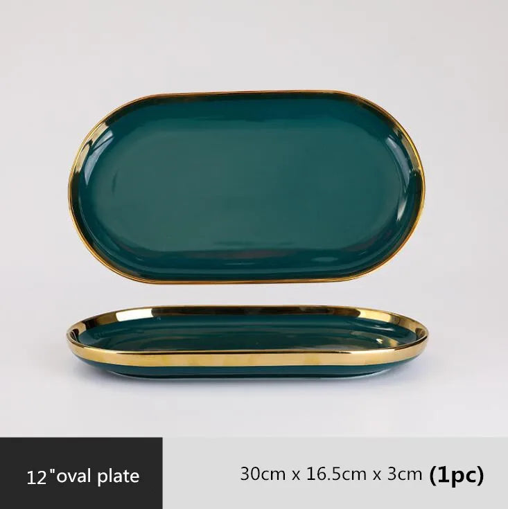 Luxury Forest Green Ceramic Dinnerware Set,  Including  Shallow Plates,  Rice,  Soup Bowls,  Fish,  Dish And Spoon