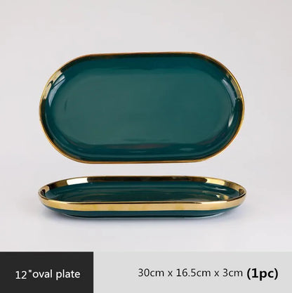 Luxury Forest Green Ceramic Dinnerware Set,  Including  Shallow Plates,  Rice,  Soup Bowls,  Fish,  Dish And Spoon