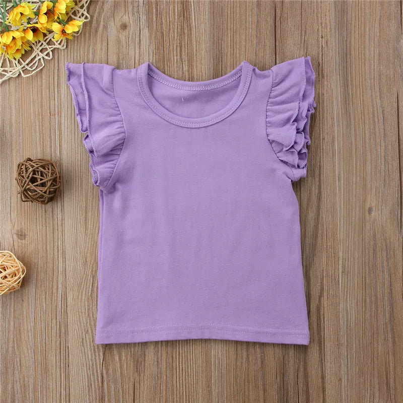 1-6 Years old,  Infant Girls T-Shirt,  Cotton Flying Sleeves T-Shirt For Girls,  Summer, Solid , Black White Pink Red Tee Tops