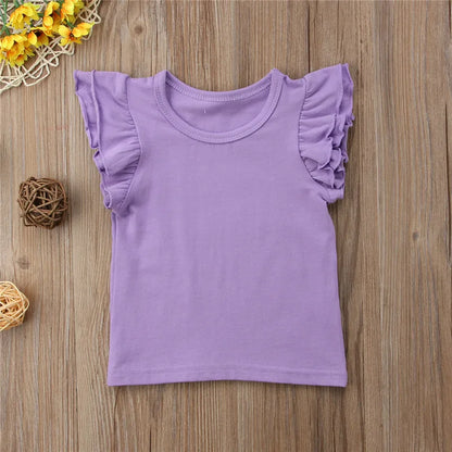 1-6 Years old,  Infant Girls T-Shirt,  Cotton Flying Sleeves T-Shirt For Girls,  Summer, Solid , Black White Pink Red Tee Tops