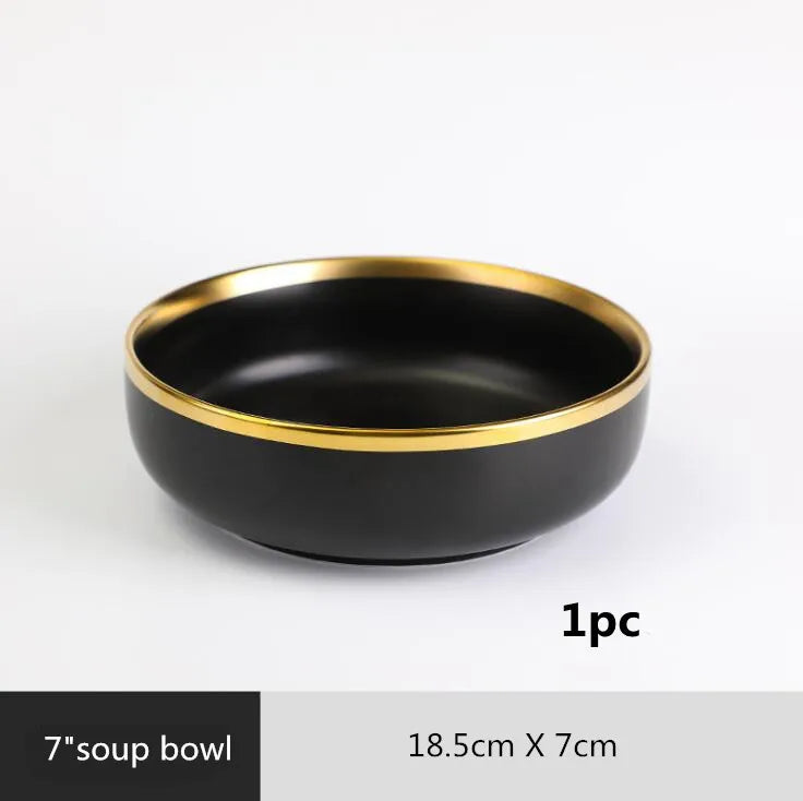 Gilt Rim Black Porcelain Dinner Plates,  Kitchen Dishes,  Ceramics,  Tableware Food Tray,  Rice, Salad, Noodles Bowl , Cutlery Set