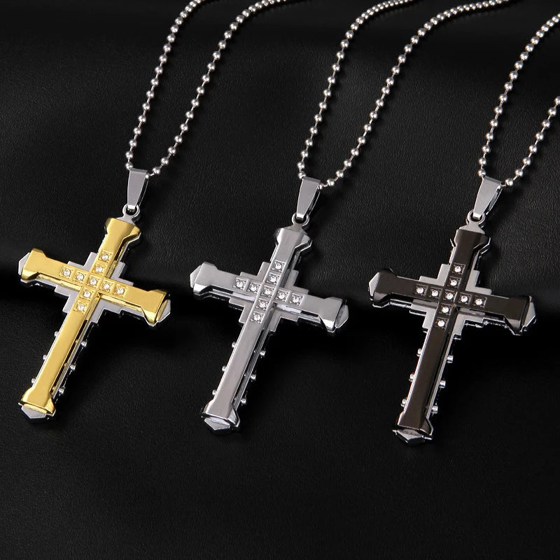 NEW Crystal Cross Pendant,  Gold/Black/Blue Color Zirconia Necklace,  Stainless Steel Jewelry