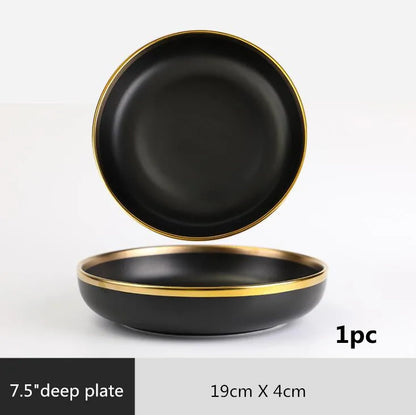 Gilt Rim Black Porcelain Dinner Plates,  Kitchen Dishes,  Ceramics,  Tableware Food Tray,  Rice, Salad, Noodles Bowl , Cutlery Set