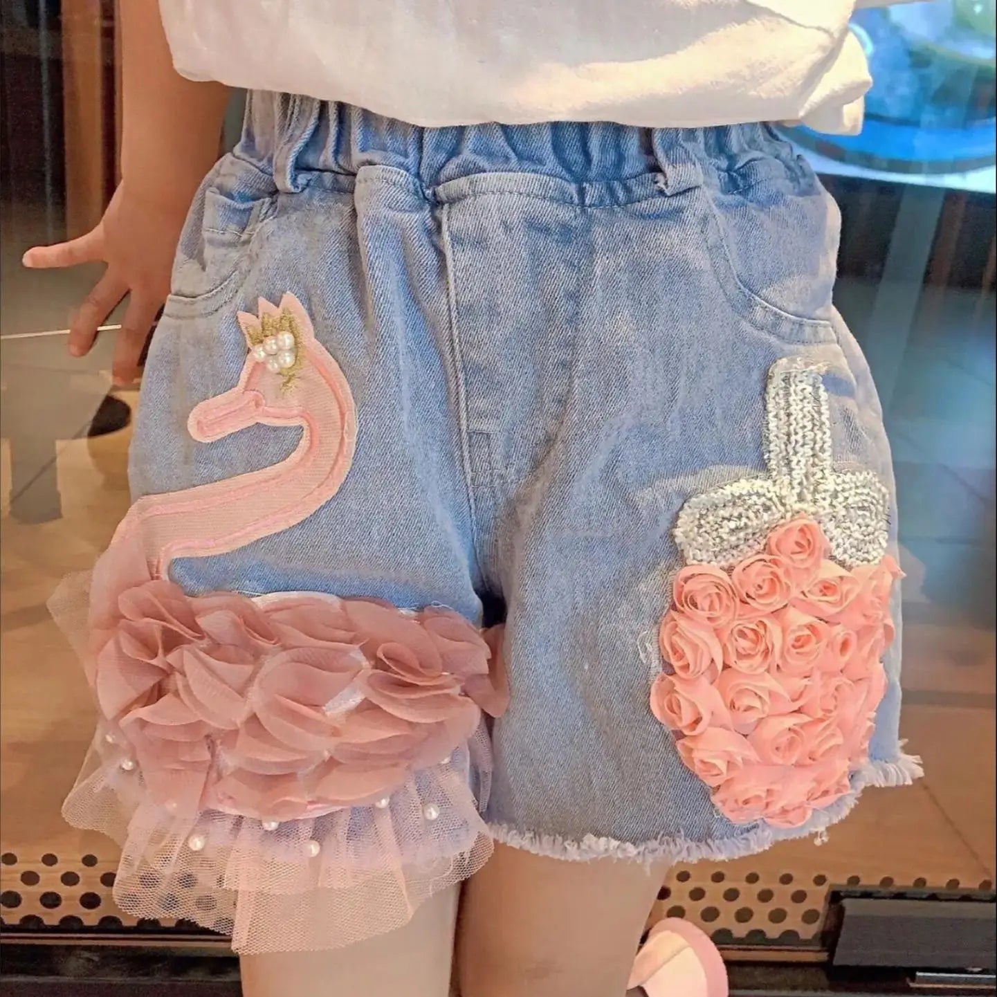 Baby Girl's Summer Cotton Denim Shorts/ Pants.   Toddler Kids,  Cute Swan Flower,  Soft Jeans for Teenage Girls.