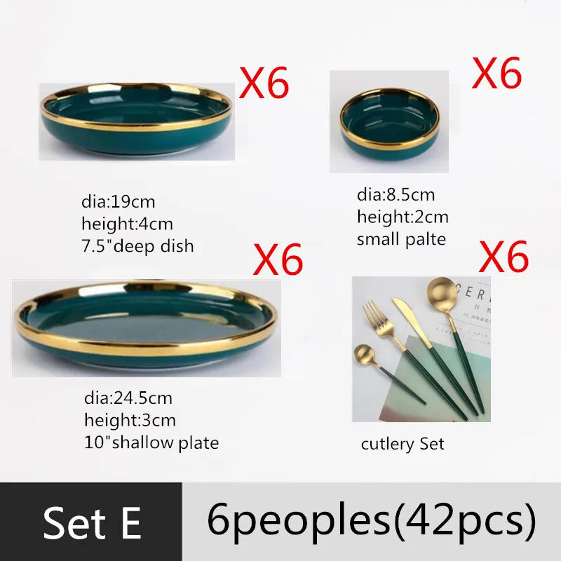 Luxury Forest Green Ceramic Dinnerware Set,  Including  Shallow Plates,  Rice,  Soup Bowls,  Fish,  Dish And Spoon