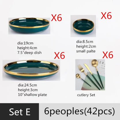 Luxury Forest Green Ceramic Dinnerware Set,  Including  Shallow Plates,  Rice,  Soup Bowls,  Fish,  Dish And Spoon