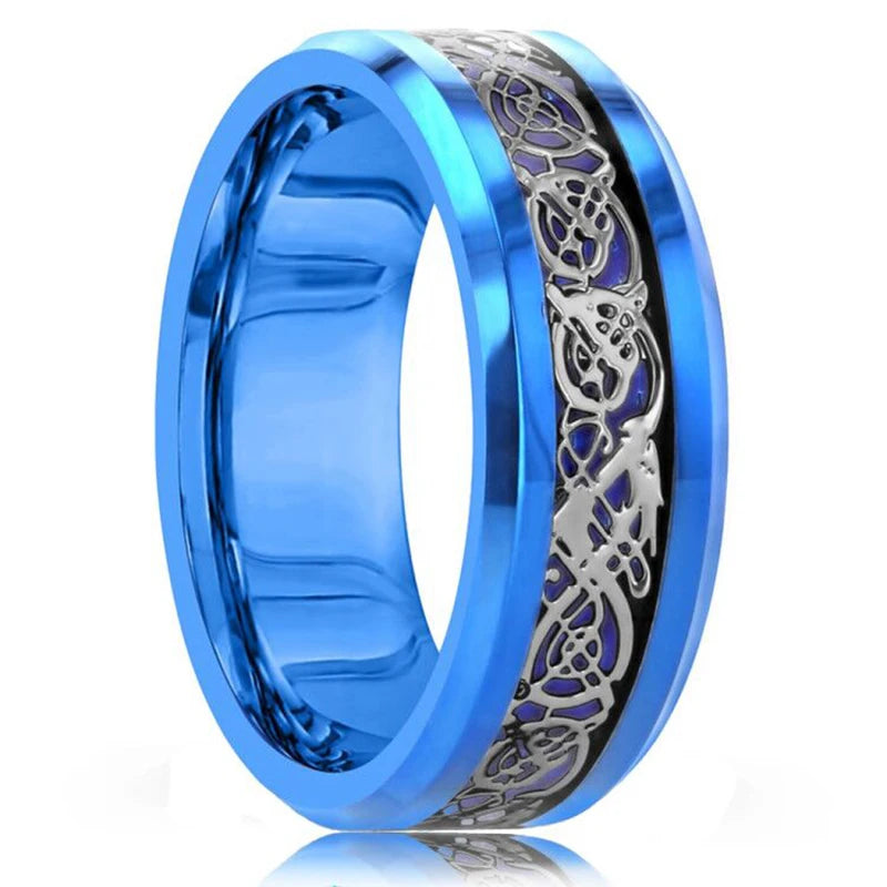 Fashion 8mm Red Groove Beveled Edge Stainless Steel Celtic Dragon Rings.  Perfect for FATHERS DAY with Zircon Inlay, Carbon Fibre Ring for Mens Wedding Band, Couples Gift