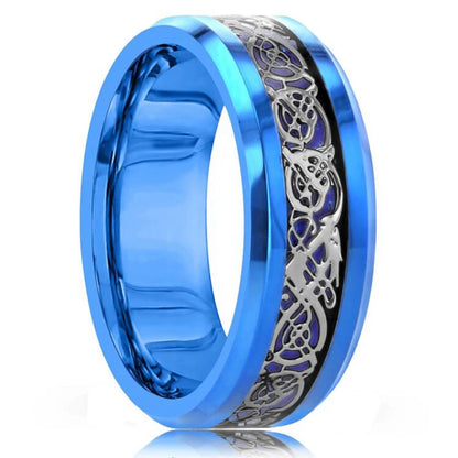 Fashion 8mm Red Groove Beveled Edge Stainless Steel Celtic Dragon Rings.  Perfect for FATHERS DAY with Zircon Inlay, Carbon Fibre Ring for Mens Wedding Band, Couples Gift
