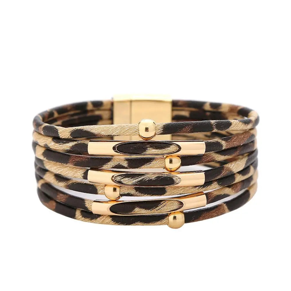 Vintage Metal Tube, LIGHT Leopard Leather and DARK Leather Leopard Bracelets for Women /Men.  Retro MultiLayer Bracelets & Bangles with  Charms.  Jewelry Gifts