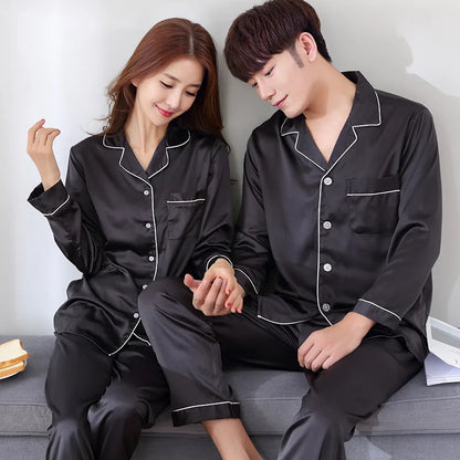 Solid Color Sleepwear Silk Satin Pajamas Couple Set Long Button-Down Pyjamas Suit Pijama Women/ Men Loungewear Plus Size Pj Set