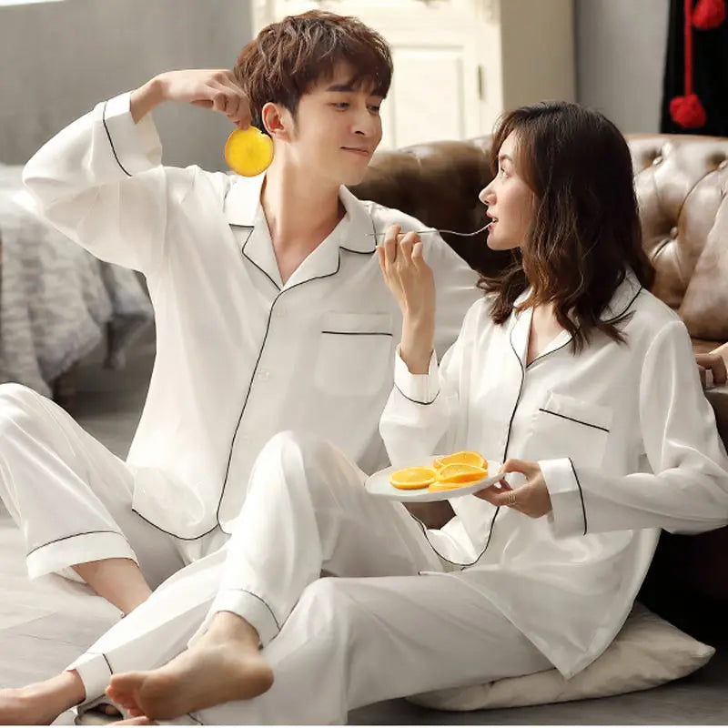Solid Color Sleepwear Silk Satin Pajamas Couple Set Long Button-Down Pyjamas Suit Pijama Women/ Men Loungewear Plus Size Pj Set