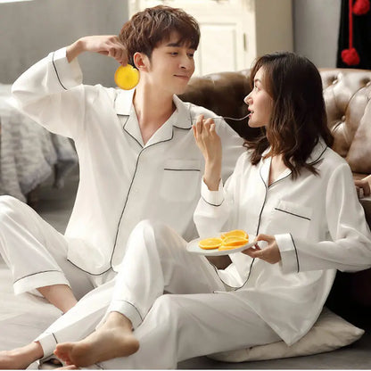 Solid Color Sleepwear Silk Satin Pajamas Couple Set Long Button-Down Pyjamas Suit Pijama Women/ Men Loungewear Plus Size Pj Set
