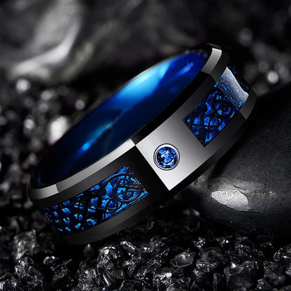 Fashion 8mm Red Groove Beveled Edge Stainless Steel Celtic Dragon Rings.  Perfect for FATHERS DAY with Zircon Inlay, Carbon Fibre Ring for Mens Wedding Band, Couples Gift