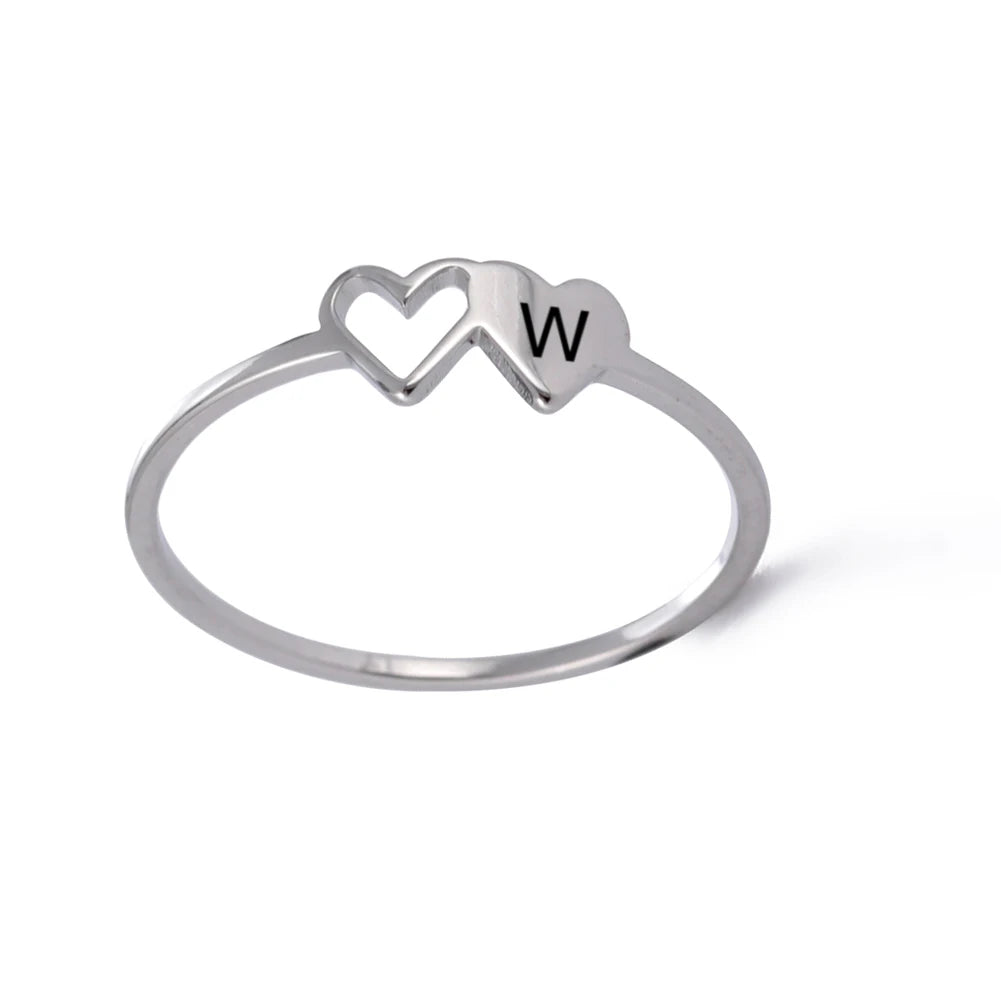 Initial Letter Ring for Women.  Stainless Steel A-Z Alphabet Double Heart Rings for Fashion Wedding  gift, Valentine's Day