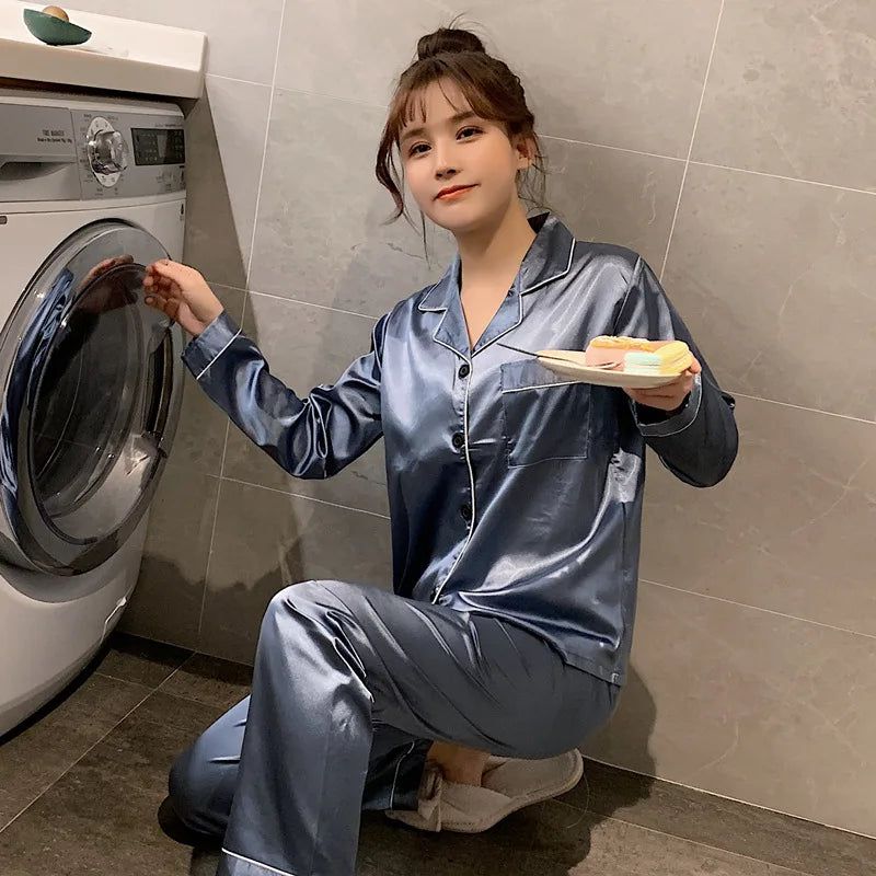 Solid Color Sleepwear Silk Satin Pajamas Couple Set Long Button-Down Pyjamas Suit Pijama Women/ Men Loungewear Plus Size Pj Set