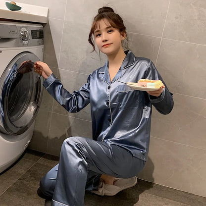 Solid Color Sleepwear Silk Satin Pajamas Couple Set Long Button-Down Pyjamas Suit Pijama Women/ Men Loungewear Plus Size Pj Set
