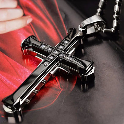 NEW Crystal Cross Pendant,  Gold/Black/Blue Color Zirconia Necklace,  Stainless Steel Jewelry