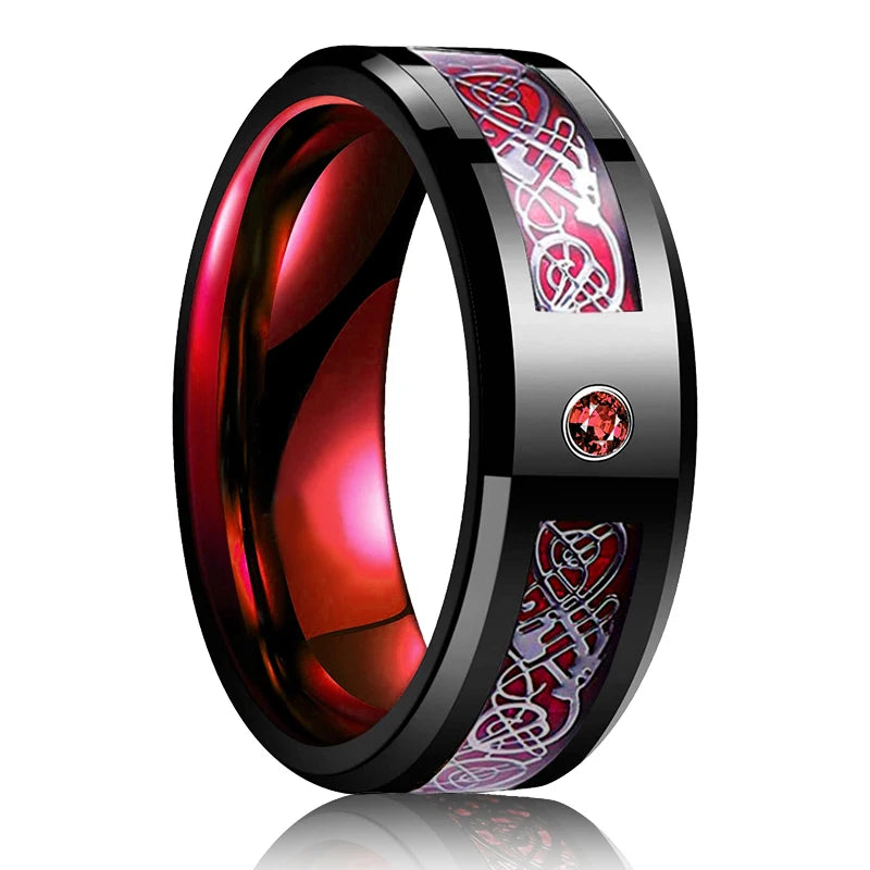 Fashion 8mm Red Groove Beveled Edge Stainless Steel Celtic Dragon Rings.  Perfect for FATHERS DAY with Zircon Inlay, Carbon Fibre Ring for Mens Wedding Band, Couples Gift