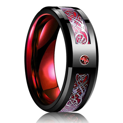 Fashion 8mm Red Groove Beveled Edge Stainless Steel Celtic Dragon Rings.  Perfect for FATHERS DAY with Zircon Inlay, Carbon Fibre Ring for Mens Wedding Band, Couples Gift