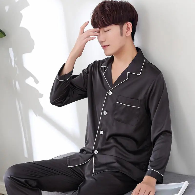 Solid Color Sleepwear Silk Satin Pajamas Couple Set Long Button-Down Pyjamas Suit Pijama Women/ Men Loungewear Plus Size Pj Set
