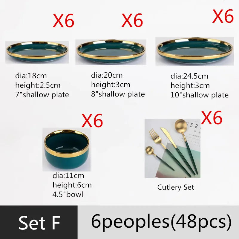 Luxury Forest Green Ceramic Dinnerware Set,  Including  Shallow Plates,  Rice,  Soup Bowls,  Fish,  Dish And Spoon