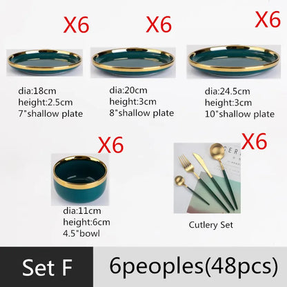 Luxury Forest Green Ceramic Dinnerware Set,  Including  Shallow Plates,  Rice,  Soup Bowls,  Fish,  Dish And Spoon