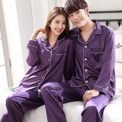 Solid Color Sleepwear Silk Satin Pajamas Couple Set Long Button-Down Pyjamas Suit Pijama Women/ Men Loungewear Plus Size Pj Set