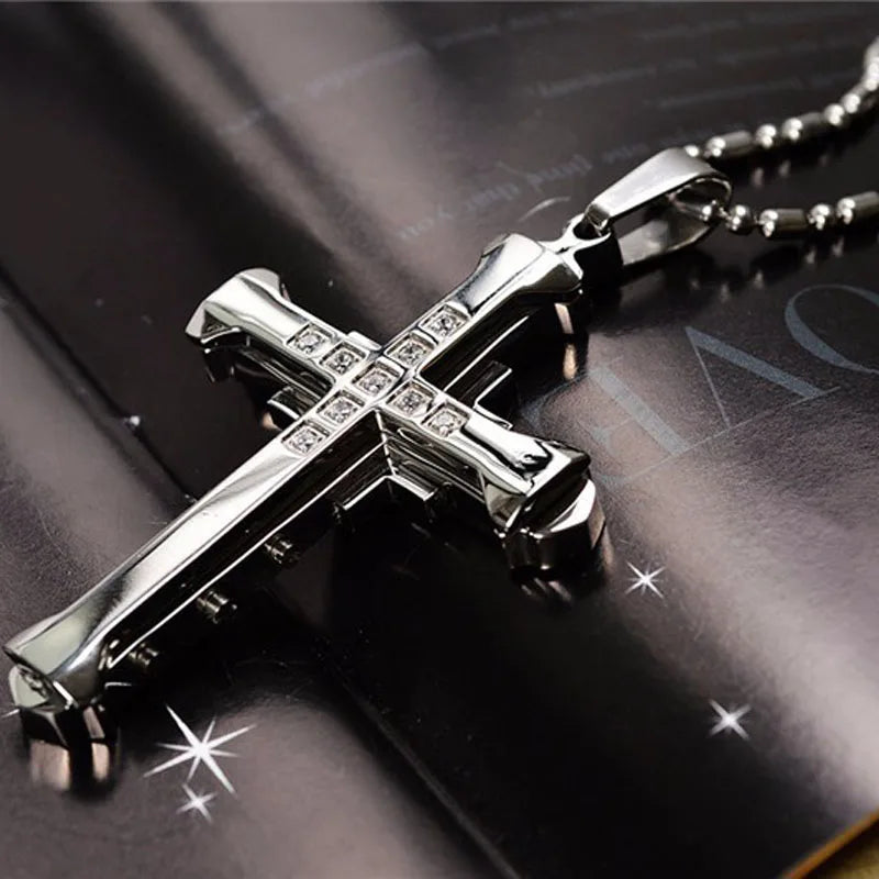 NEW Crystal Cross Pendant,  Gold/Black/Blue Color Zirconia Necklace,  Stainless Steel Jewelry