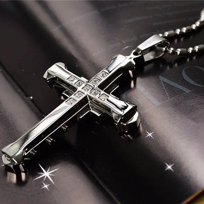 NEW Crystal Cross Pendant,  Gold/Black/Blue Color Zirconia Necklace,  Stainless Steel Jewelry