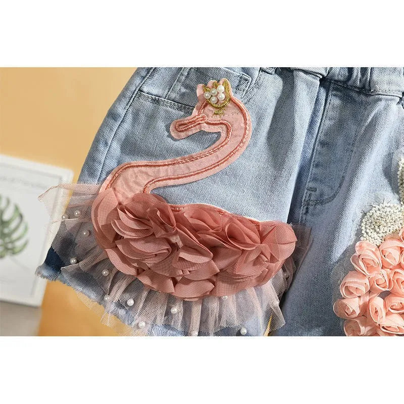 Baby Girl's Summer Cotton Denim Shorts/ Pants.   Toddler Kids,  Cute Swan Flower,  Soft Jeans for Teenage Girls.