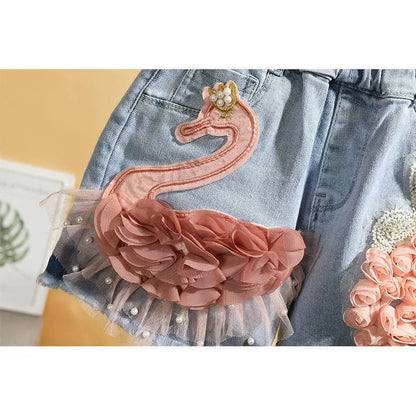 Baby Girl's Summer Cotton Denim Shorts/ Pants.   Toddler Kids,  Cute Swan Flower,  Soft Jeans for Teenage Girls.