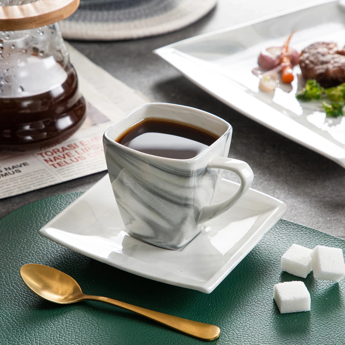 30/60PCS Marble Grey Porcelain Tableware.  Dinnerware Set with 6PCS,  Dessert/Soup/Dinner Plate/Cup/Saucer,Service for 12