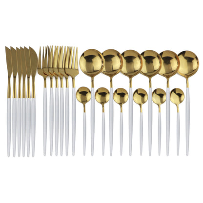 24pcs Gold Dinnerware, Stainless Steel Tableware,  Set with Knife, Fork,  Spoon, Flatware Set, Dishwasher Safe, Silverware Cutlery Set