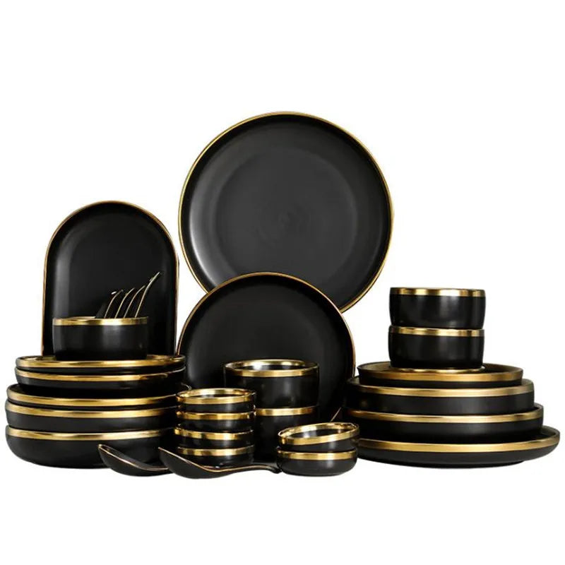 Gilt Rim Black Porcelain Dinner Plates,  Kitchen Dishes,  Ceramics,  Tableware Food Tray,  Rice, Salad, Noodles Bowl , Cutlery Set