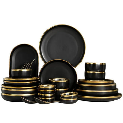 Gilt Rim Black Porcelain Dinner Plates,  Kitchen Dishes,  Ceramics,  Tableware Food Tray,  Rice, Salad, Noodles Bowl , Cutlery Set