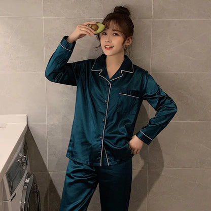 Solid Color Sleepwear Silk Satin Pajamas Couple Set Long Button-Down Pyjamas Suit Pijama Women/ Men Loungewear Plus Size Pj Set