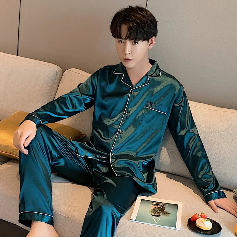 Solid Color Sleepwear Silk Satin Pajamas Couple Set Long Button-Down Pyjamas Suit Pijama Women/ Men Loungewear Plus Size Pj Set