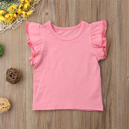 1-6 Years old,  Infant Girls T-Shirt,  Cotton Flying Sleeves T-Shirt For Girls,  Summer, Solid , Black White Pink Red Tee Tops