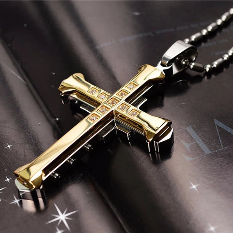 NEW Crystal Cross Pendant,  Gold/Black/Blue Color Zirconia Necklace,  Stainless Steel Jewelry